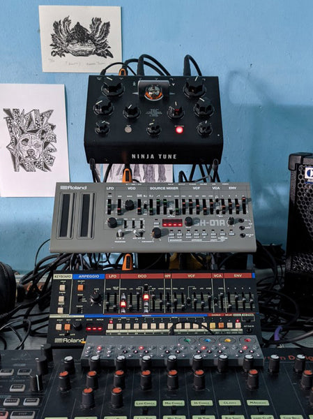 Ninja Tune Delay and Roland Boutiques on a stand (KVgear Boo-3).