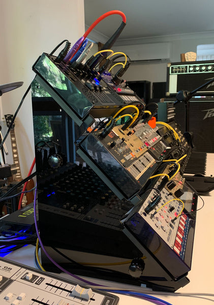 Stand for six Korg Volcas (KVgear Boo-3 with Volca Trays and long tube upgrades) -- side view