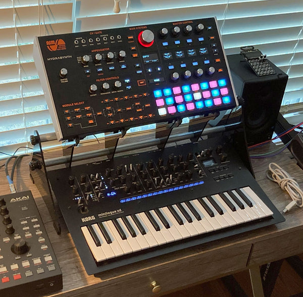 KVgear Gear Rail holding Hydrasynth desktop above minilogue