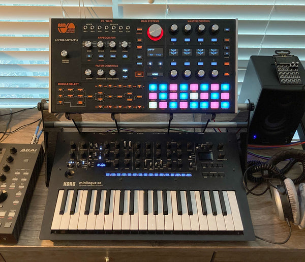 KVgear Gear Rail holding Hydrasynth desktop above minilogue