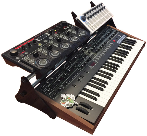 KVgear Gear Rail holding looper and Beatstep above Prophet 6 keyboard
