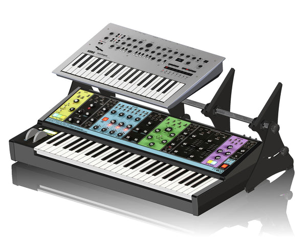 KVgear Gear Rail holding minilogue above Moog Matriarch