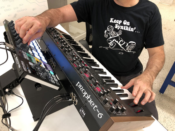 Keep On Synthin t-shirt plus Prophet 6 keyboard