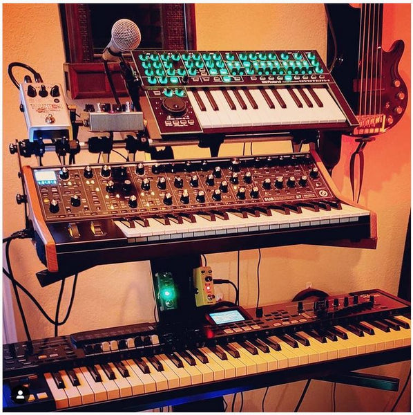 KVgear SubPiggy stand holds effects pedal and System-1 above Moog Sub37.