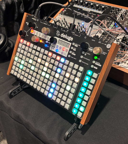 Synstron Deluge on SynthRISE steeply angled stand.